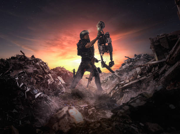 guerra robotica - illustrazione di una scena apocalittica di un soldato che tiene in guerra un robot. - ultimate fighting foto e immagini stock