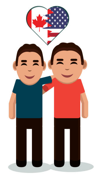 ilustrações de stock, clip art, desenhos animados e ícones de two men hugging, usa and canada friendship, stock - illustration - canada american flag canadian culture usa