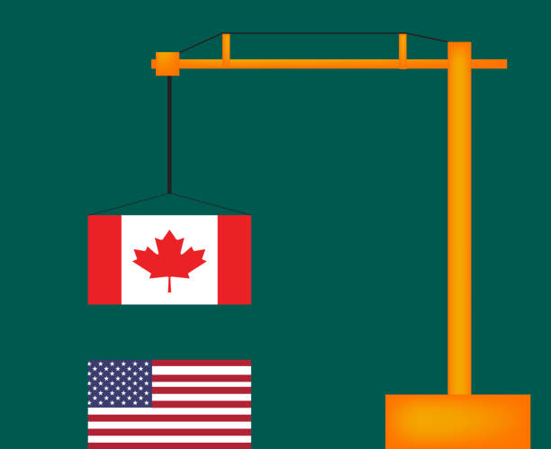 usa und kanada flaggen unter einem kran, lager - illustration - canada american flag canadian culture usa stock-grafiken, -clipart, -cartoons und -symbole