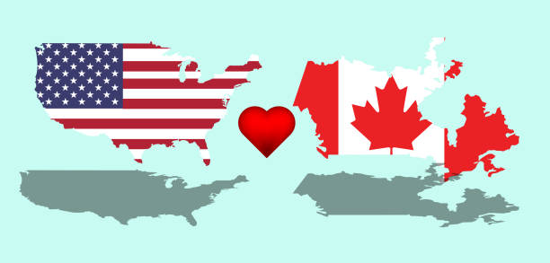 ilustraciones, imágenes clip art, dibujos animados e iconos de stock de mapa de ee.uu. con la bandera y el mapa de canadá con la bandera betwean ellos es corazón - mapa de los estados unidos y la bandera estadounidense