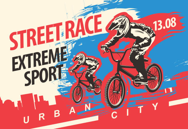 ilustraciones, imágenes clip art, dibujos animados e iconos de stock de bandera vectorial en el tema de la carrera callejera de la bicicleta - bmx cycling bicycle cycling sport