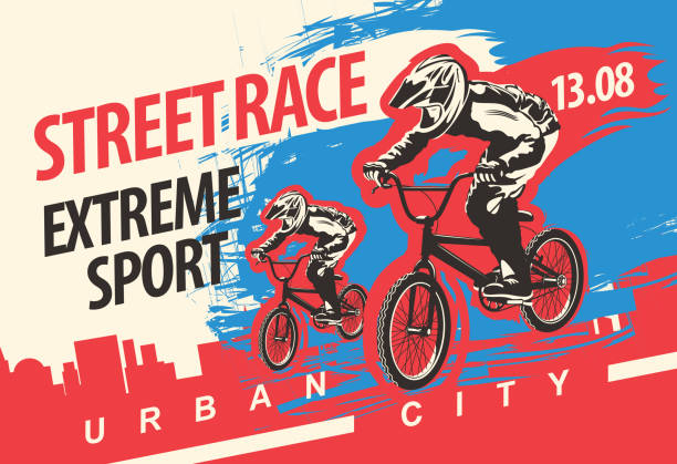 vector banner on the theme of bicycle street race Vector banner or flyer with cyclists on the bikes and words Street race, Extreme sport on the urban background. Poster for street race, bicycle club, extreme sports in modern style bmx racing stock illustrations