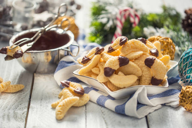 Christmas vanilla rolls pastry and cookies with chocolate topping.