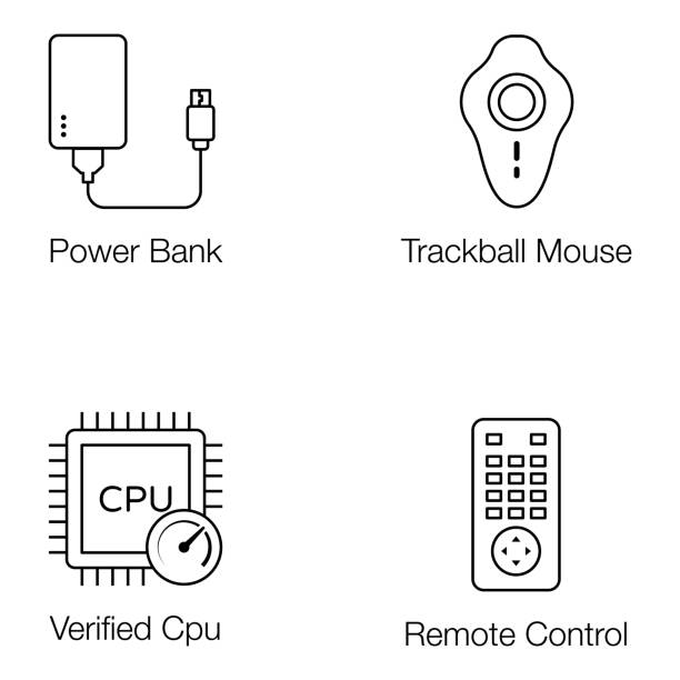 illustrazioni stock, clip art, cartoni animati e icone di tendenza di pacchetto icone linea dispositivi hardware - trackball