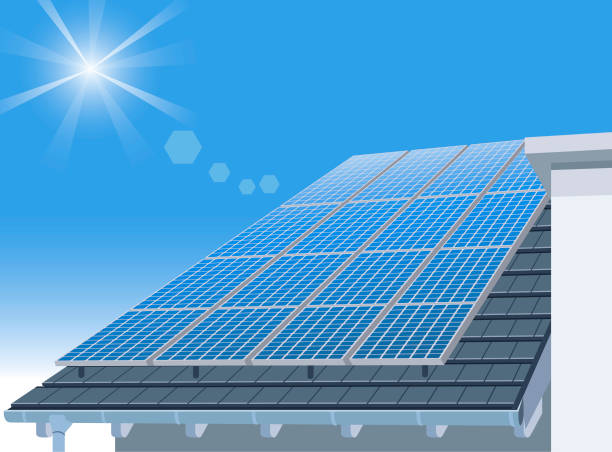 홈 지붕과 푸른 하늘에 태양 전지 패널 - solar power station solar panel sun house stock illustrations