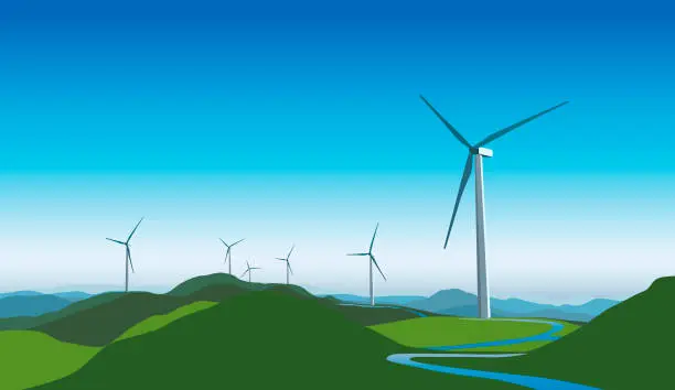 Vector illustration of Wind Power Turbine on Green Mountain Landscape