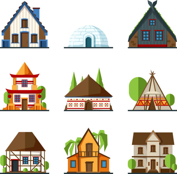 istock Traditional house. Indian asian rural buildings europe and african constructions vector flat houses 1187633091