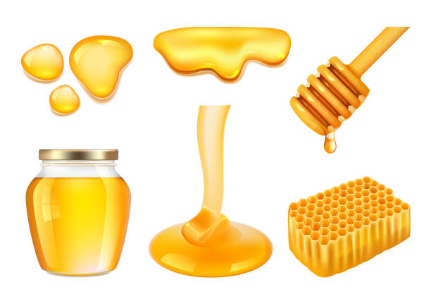 ilustrações, clipart, desenhos animados e ícones de jarra de mel. respingos pegajosos dourados ou amarelos do mel da exploração agrícola e das ilustrações realistas do vetor do favo de mel - syrup jar sticky isolated objects