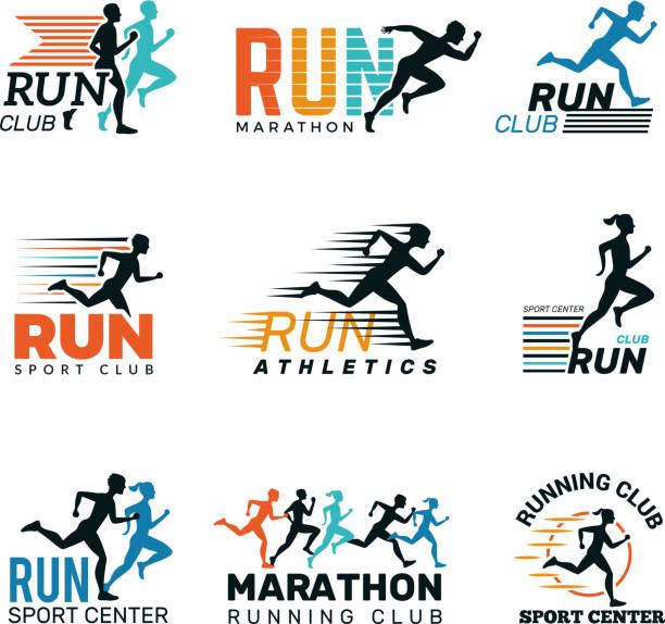 ilustraciones, imágenes clip art, dibujos animados e iconos de stock de running marathon club insignias símbolos deportivos zapatos y piernas saltando corriendo personas colección vectorial - runner