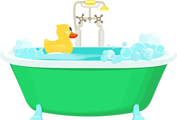 Vector illustration of Bathroom yellow duck. Relax water foam bubbles with rubber duck shower vector picture cartoon background