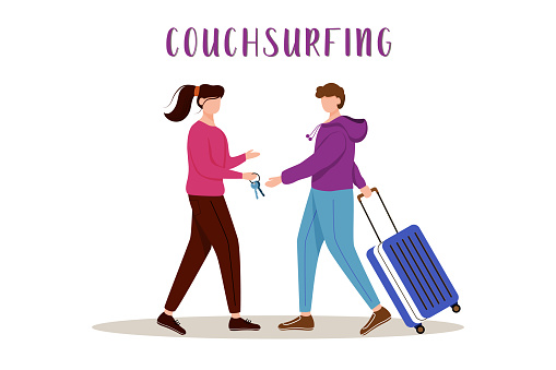 Couchsurfing flat vector illustration. Lodging without charge. Cheap travelling choice. Free stay. Girl gives keys to her guest. Budget tourism isolated cartoon character on white background