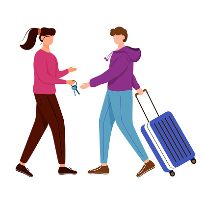 Couchsurfing flat contour vector illustration. Lodging without charge. Girl gives keys to her guest. Budget tourism. Cheap travelling choice isolated cartoon outline character on white background