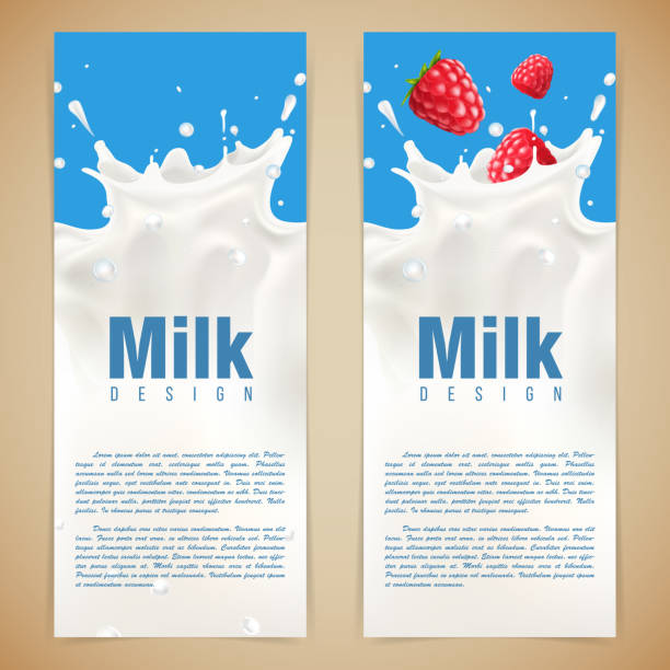 라즈베리 그릭 요거트 광고 전단지 우유 또는 크림 웨이브에 슬라이스 딸기. 혼합 미디어. - nonfat milk stock illustrations