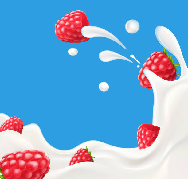 illustrazioni stock, clip art, cartoni animati e icone di tendenza di lampone latte greco o yogurt pubblicità sfondo con splash e piccoli pezzi di fragola affettata in latte o crema onda. mista. - nonfat milk