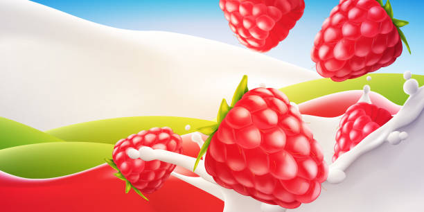 малиновый греческий йогурт упаковки банку объявления с натуральным вкусом, flavorraspberry греческого молока или йогурта объявления фон с неболь� - nonfat milk stock illustrations