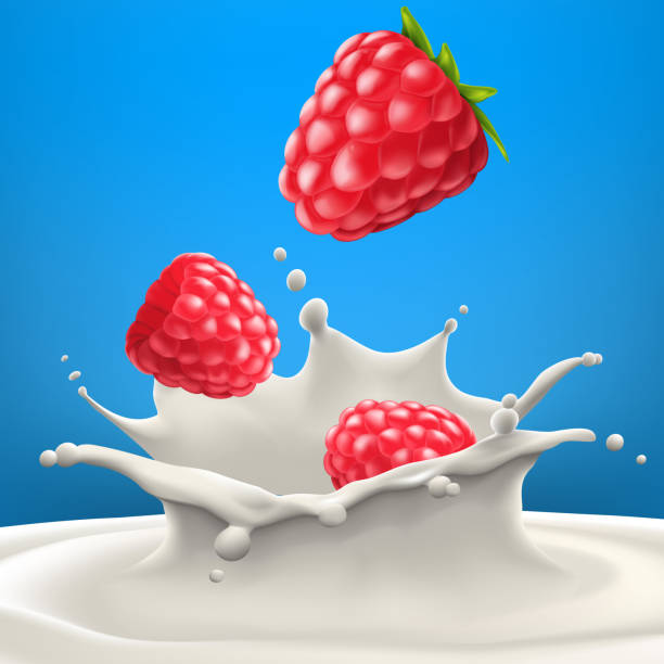 라즈베리 그리스 우유 또는 요구르트 광고 배경 스플래시와 우유 또는 크림 파도에 슬라이스 딸기의 작은 조각. 혼합 미디어. - nonfat milk stock illustrations