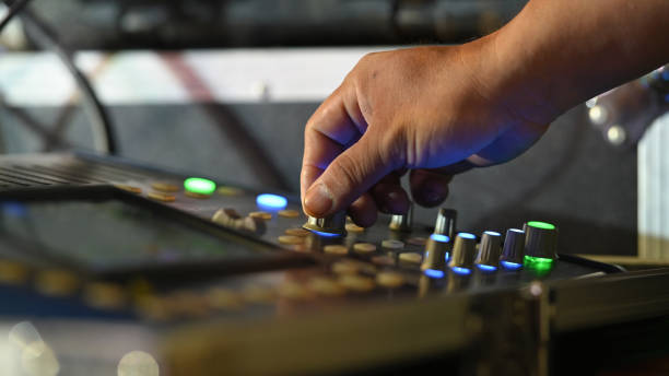 istock Audio sound mixer console with night time. 1187639854