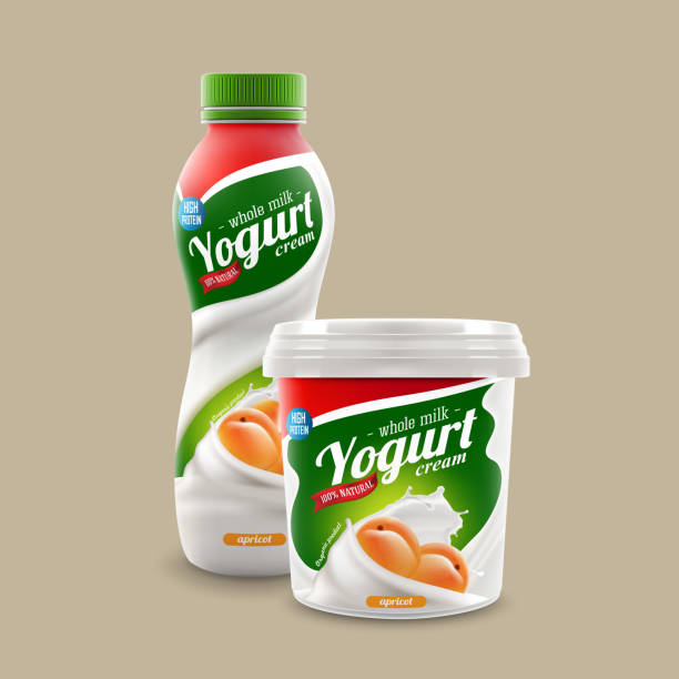 istock Apricot yogurt ads with branded jar and bottle on bright background with milk splash commercial product mock-up vector realistic illustration 1187641601