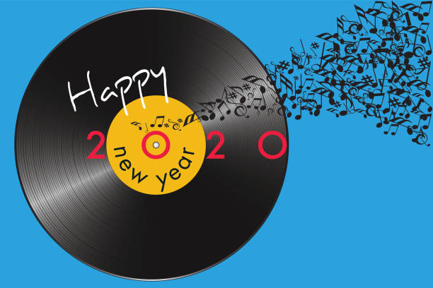 2020 music-themed greeting card with a vinyl record and notes. Greeting card for the year 2020 on the concept of music, with as symbol a vinyl record and a note banner flying away. disco themed party stock illustrations