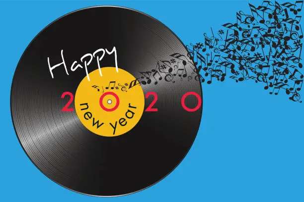 Vector illustration of 2020 music-themed greeting card with a vinyl record and notes.