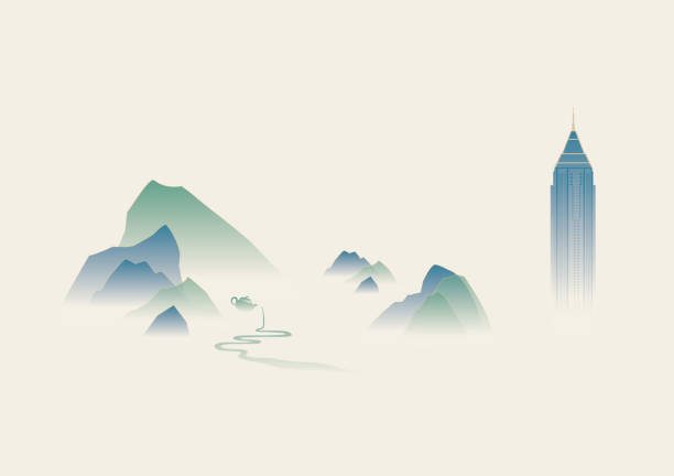 tło koncepcyjne malowania tuszem góra wschodnioazjatycka tradycyjna kultura - korean culture obrazy stock illustrations