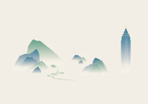 Vector illustration of concept background of ink painting mountain East Asian traditional culture