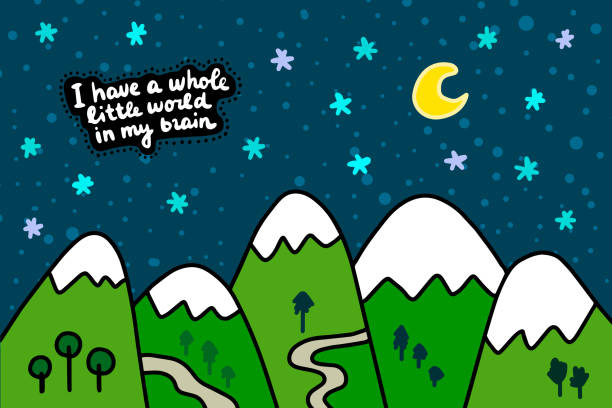 I have a whole little world in my brain hand drawn vector illustration in cartoon comic style mountains landscape I have a whole little world in my brain hand drawn vector illustration in cartoon comic style mountains landscape night sky textured stars moon entire track stock illustrations