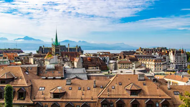 View of Lausanne, from the Saint-François Church to Lake Geneva and the Alps mountains.
