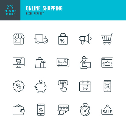 Online Shopping - thin linear vector icon set. Editable stroke. Pixel Perfect. 20 linear icon. The set contains icons such as Shopping, E-Commerce, Store, Discount, Shopping Cart, Delivering, Wallet, Sale, Credit Card, Courier and so on.