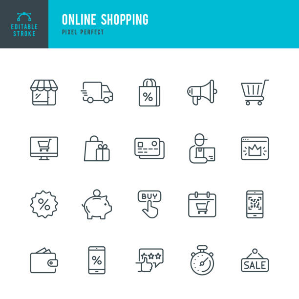 Online Shopping - thin linear vector icon set. Editable stroke. Pixel perfect. The set contains icons such as Shopping, E-Commerce, Store, Discount, Shopping Cart, Delivering, Wallet, Courier and so on. Online Shopping - thin linear vector icon set. Editable stroke. Pixel Perfect. 20 linear icon. The set contains icons such as Shopping, E-Commerce, Store, Discount, Shopping Cart, Delivering, Wallet, Sale, Credit Card, Courier and so on. store symbols stock illustrations