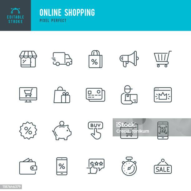 Online Shopping Thin Linear Vector Icon Set Editable Stroke Pixel Perfect The Set Contains Icons Such As Shopping Ecommerce Store Discount Shopping Cart Delivering Wallet Courier And So On Stock Illustration - Download Image Now