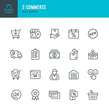 E - Commerce & Shopping - thin linear vector icon set. Editable stroke. Pixel Perfect. 20 linear icon. The set contains icons such as Shopping, E-Commerce, Basket, Store, Cashback, Discount, Shopping Cart, Delivering, Credit Card, Courier, Money, Refund, Support, Warehouse and so on.
