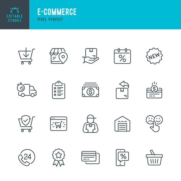 Vector illustration of E - Commerce - thin linear vector icon set. Editable stroke. Pixel perfect. The set contains icons such as Shopping, E-Commerce, Store, Cashback, Discount, Shopping Cart, Delivering, Courier and so on.