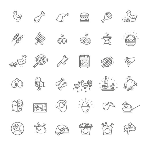 ilustrações de stock, clip art, desenhos animados e ícones de simple set of chicken meat related vector line icons - barbecue chicken illustrations