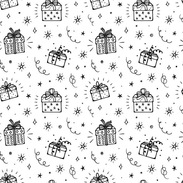 ilustrações de stock, clip art, desenhos animados e ícones de festive seamless vector pattern with doodle gift boxes and stars. black and white background with cartoon gifts, star, serpentine and confetti pieces. holiday or birthday party design - gifts background