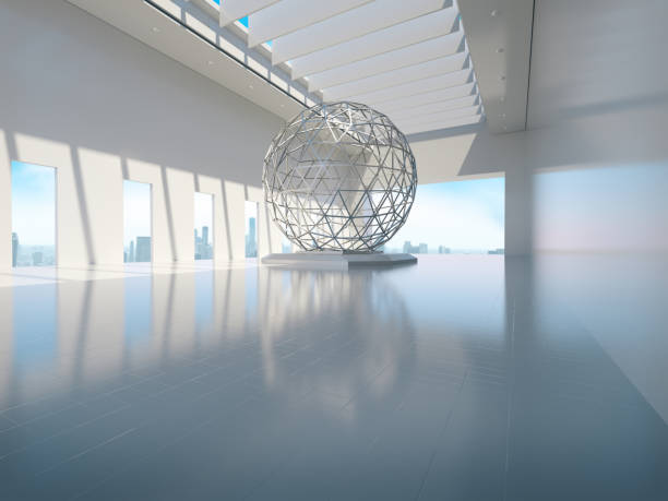 istock Empty white room with lateral lights, Product showcase with city background.3D rendering 1187649336