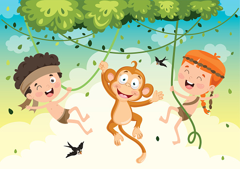 Happy Kids Swinging With Monkey In Jungle