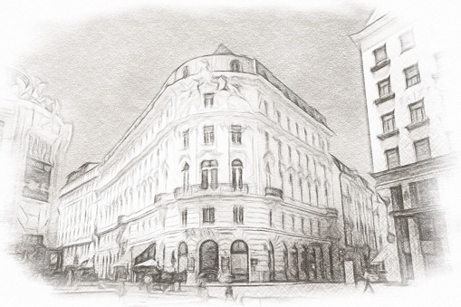 Abstract Building in Vienna the city on pencil painting.