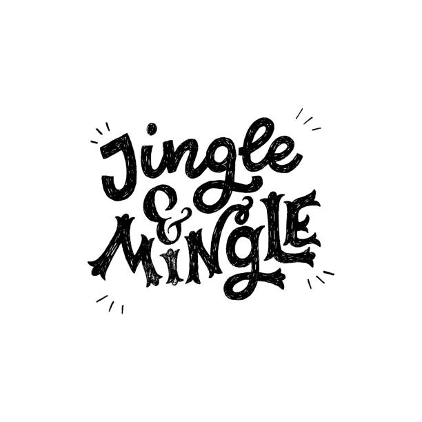 Jingle and mingle festive inscription Jingle And Mingle handdrawn lettering inscription. Festive handwritten phrase for winter holiday banner, postcard, ecard, print. Typographic greeting text drawn with pen. Unique decorative font. Vector cursive ampersand stock illustrations