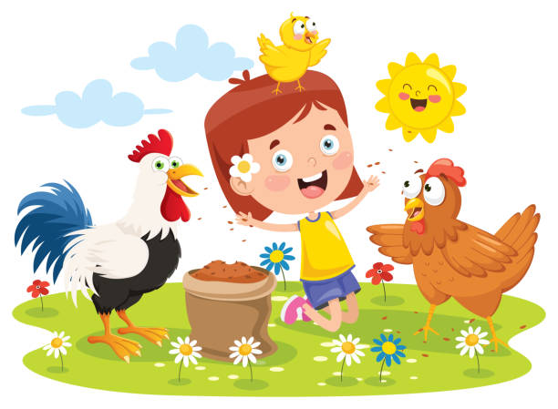 ilustrações, clipart, desenhos animados e ícones de o galo de alimentação da menina pequena, a galinha e o pintainho - bird yellow child chicken