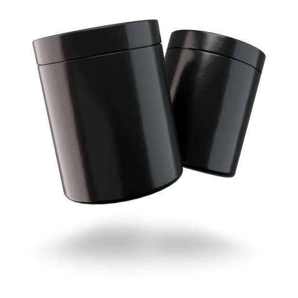 istock Black Realistic Glass Jar. Sport nutrition container without label. Cosmetic Container with Glossy Lid for Premium Beauty Supplement. Whey protein and mass gainer black plastic jar isolated on white background. 3d illustration 1187657047