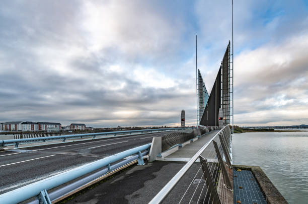 Poole Twin Sails Bridge in its open position to allow ships to go under. Road and foot bridge.