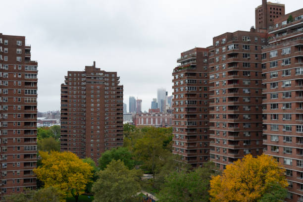 gratte-ciel de logement public à manhattan avec les arbres colorés d'automne regardant vers le centre-ville de brooklyn à new york city - overcast day new york city manhattan photos et images de collection