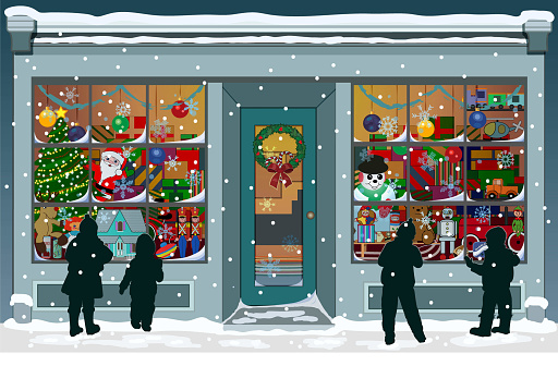 Storefront Christmas Window Display Stock Illustration - Download Image Now  - Store, Christmas, Window - iStock