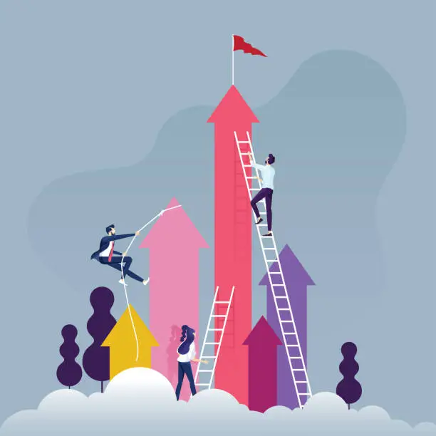 Vector illustration of Business competition concept-Group of competitive business people climbing the ladder on a cloud