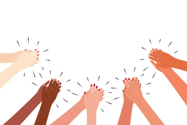 Vector illustration of Female multicultural hands applaud. Women clap. Greetings, thanks, support. Vector illustration on white background.