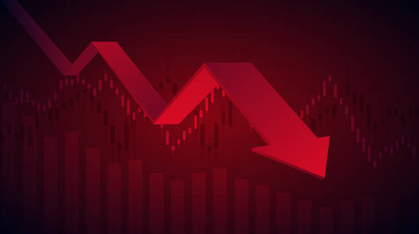 abstrakcyjny wykres finansowy z wykresem linii pobierania i strzałką na giełdzie na czerwonym tle kolorów - stock market graph chart arrow sign stock illustrations