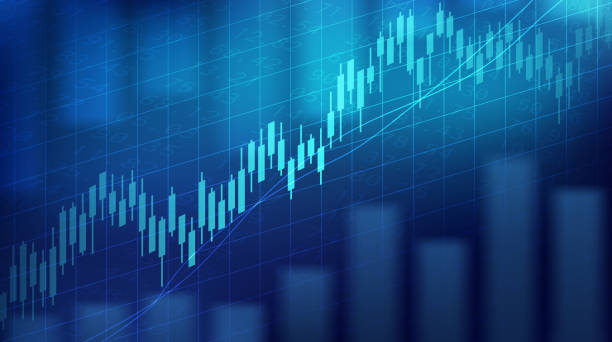 abstraktes finanzdiagramm mit aufwärtstrendlinie und balkendiagramm des aktienmarktes auf blauem hintergrund - blau grafiken stock-grafiken, -clipart, -cartoons und -symbole