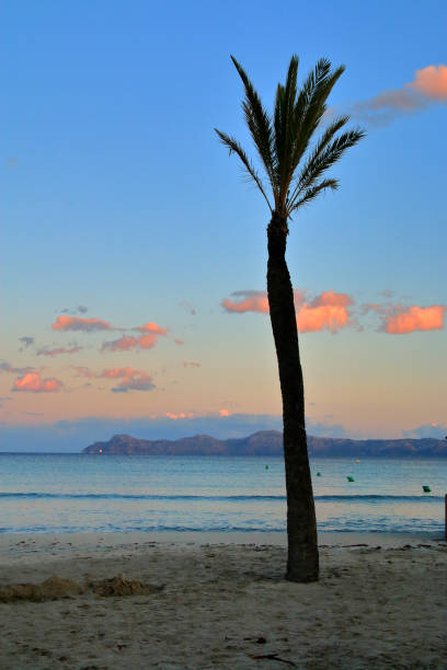 Photo taken on the island of Palma de Mallorca. The picture shows a picturesque evening on the beach of a Mediterranean island.