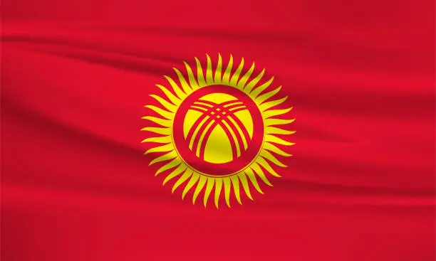 Vector illustration of Waving Kyrgyzstan flag, official colors and ratio correct. Kyrgyzstan national flag. Vector illustration.